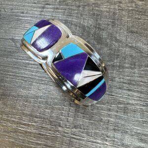 Vtg Navajo Julian Arviso Sterling Silver Turquoise Lapis Inlay Cuff Bracelet